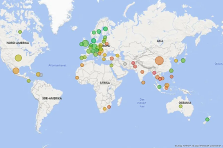 Verdenskart med markeringer som viser kartlegging av produksjonsland.